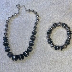 Elegant Black and Silver Beaded Necklace and Bracelet Set